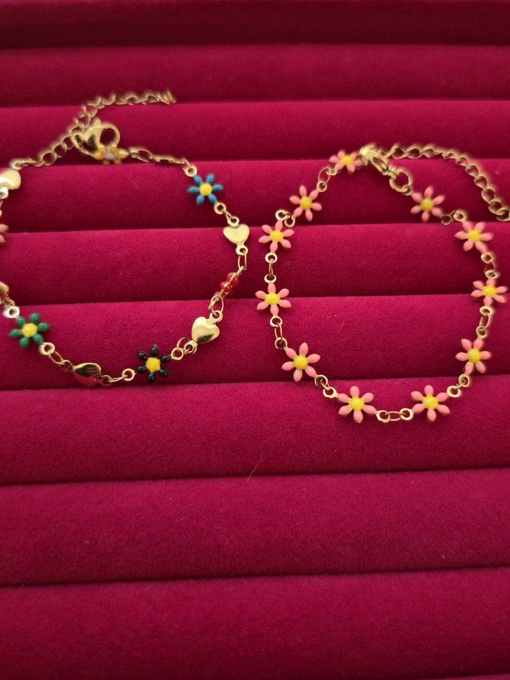 2 Pcs. Gold-Plated Pink & Milticolor‎  Daisy Link Bracelet - Women Jewelry B004